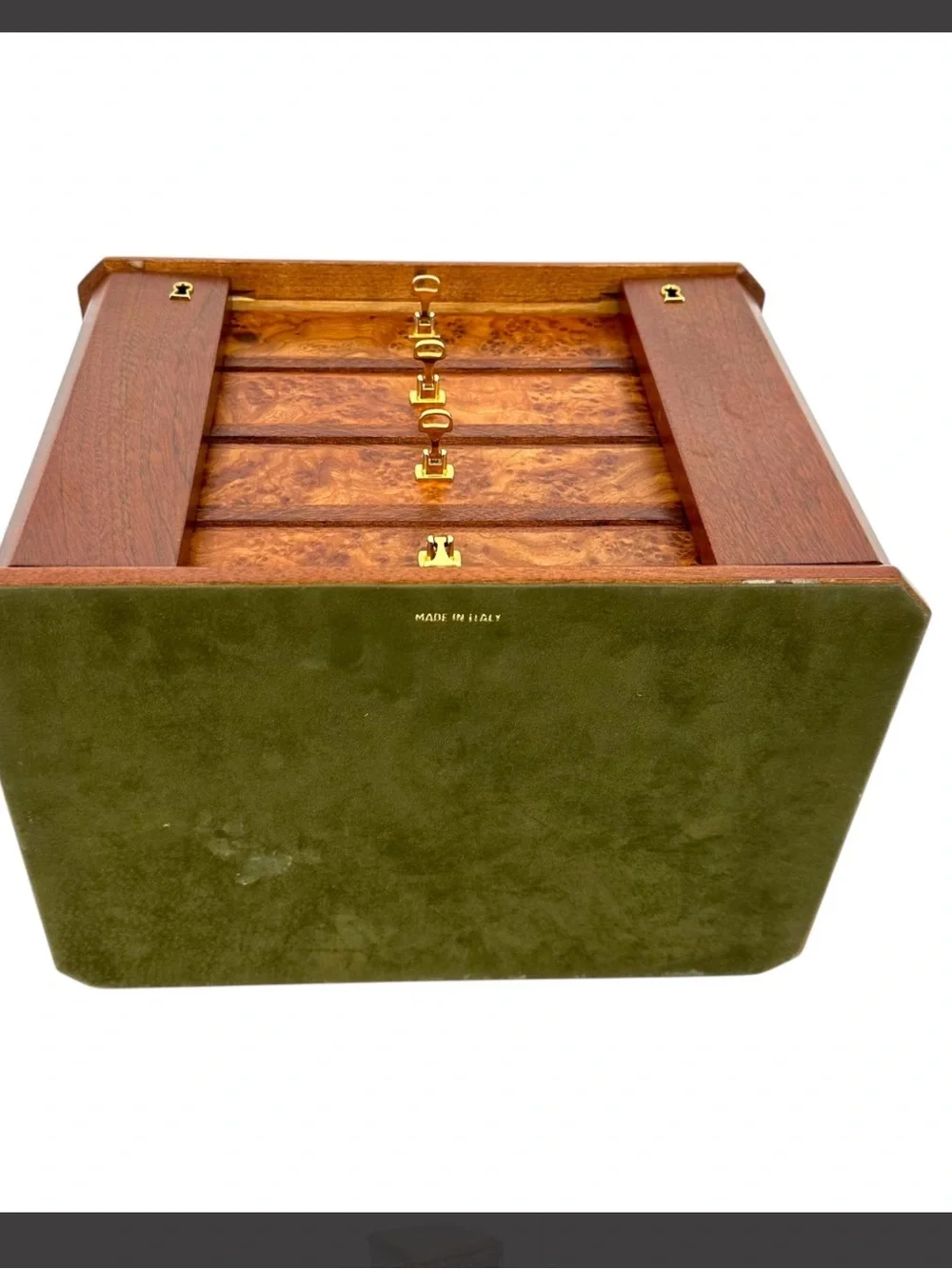 Gucci Italian Burl Wood Four Drawer Jewelry Chest with Gold Hardware